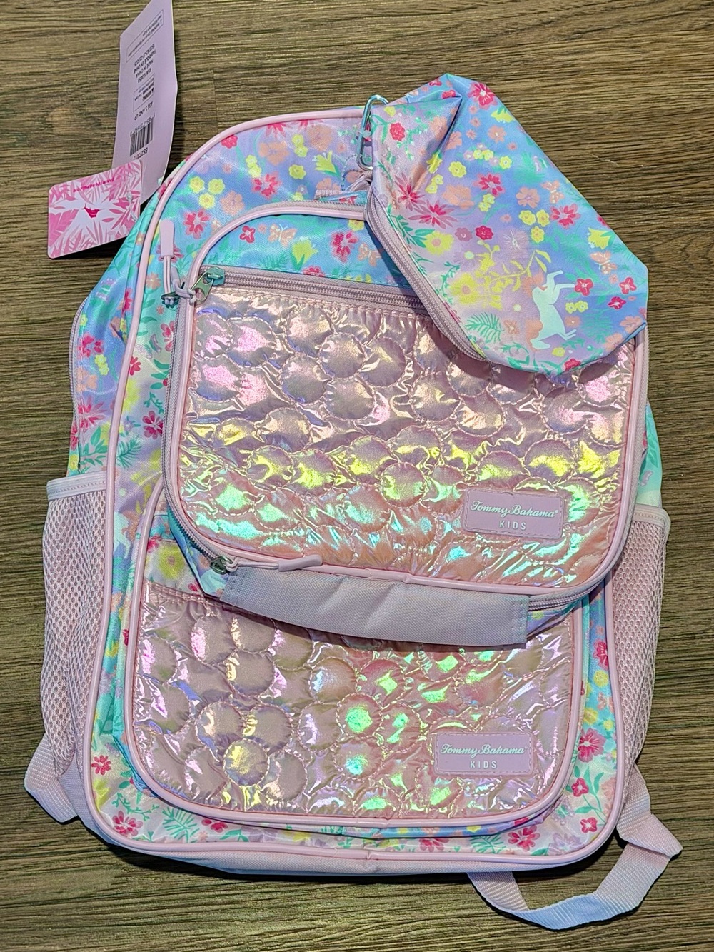 BRAND NEW 5 Piece Tommy Bahama Kids Pink Holographic Floral backpack combo set